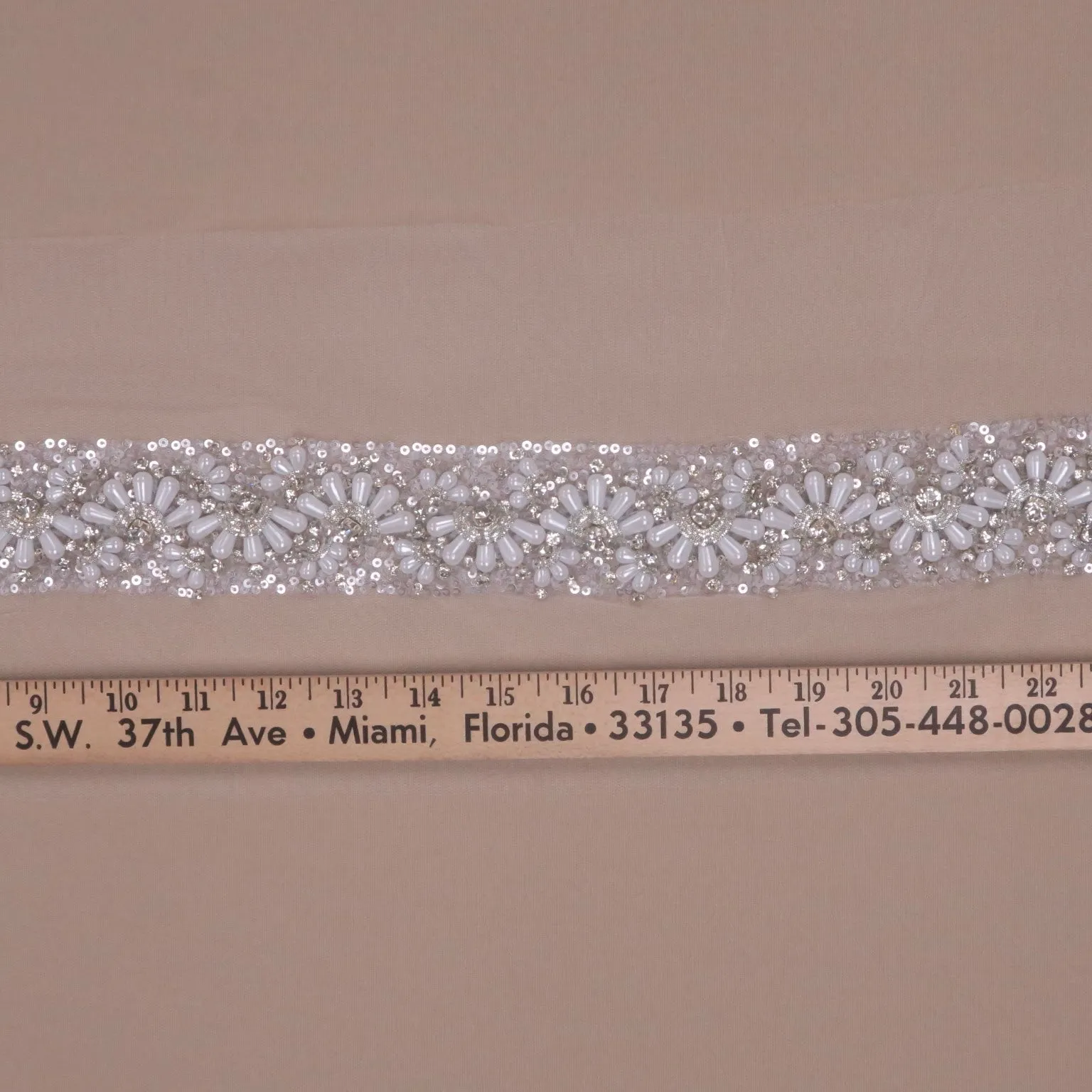 2" White  Floral Rhinestones and Crystals with Clear Sequins Trim