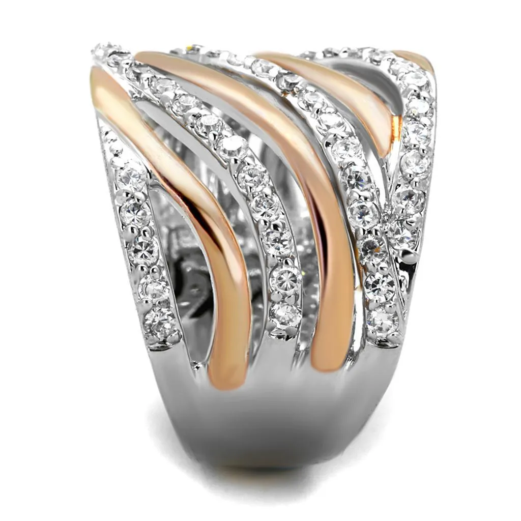3W857 - Rose Gold   Rhodium Brass Ring with AAA Grade CZ  in Clear