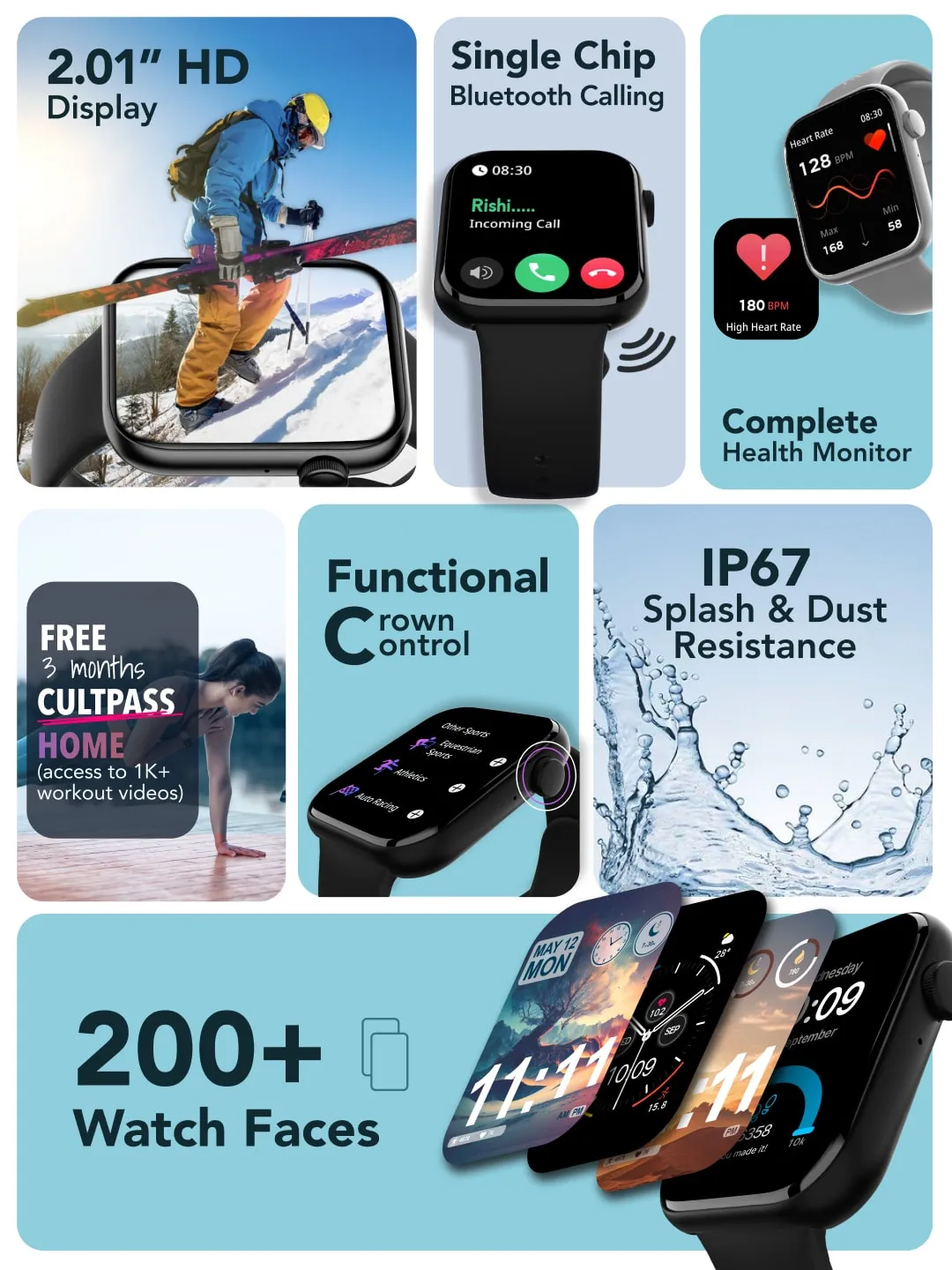 Active T 2.01” HD Display, Single Chip BT Calling, Rotating Crown, 200 WatchFace (Blue Strap, Free Size)