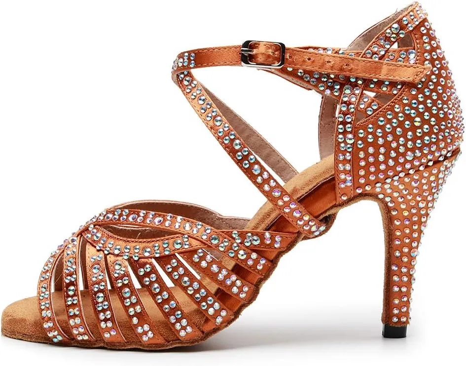 AOQUNFS Rhinestones Ballroom Dance Shoes Women Latin Salsa Practice Performance Dance Shoes,Model QJW7164