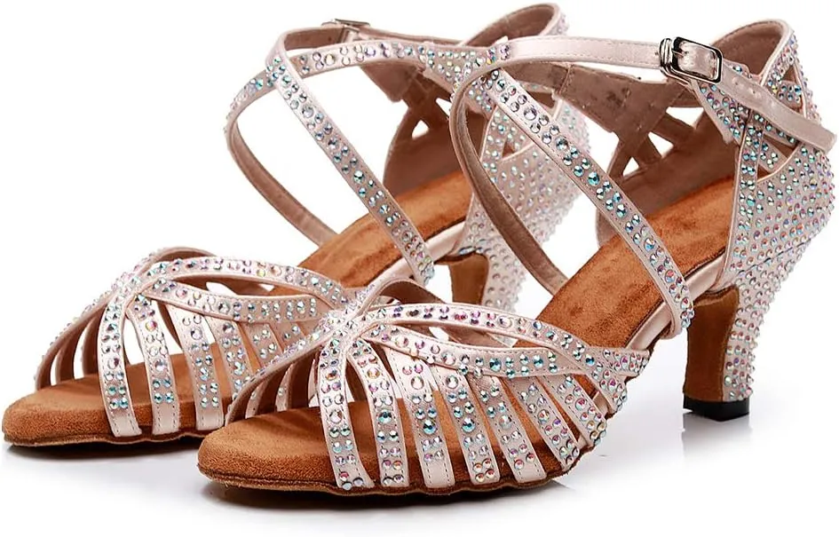 AOQUNFS Rhinestones Ballroom Dance Shoes Women Latin Salsa Practice Performance Dance Shoes,Model QJW7164