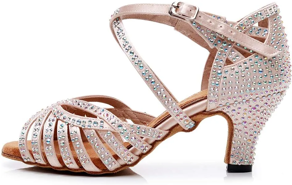 AOQUNFS Rhinestones Ballroom Dance Shoes Women Latin Salsa Practice Performance Dance Shoes,Model QJW7164