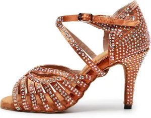 AOQUNFS Rhinestones Ballroom Dance Shoes Women Latin Salsa Practice Performance Dance Shoes,Model QJW7164