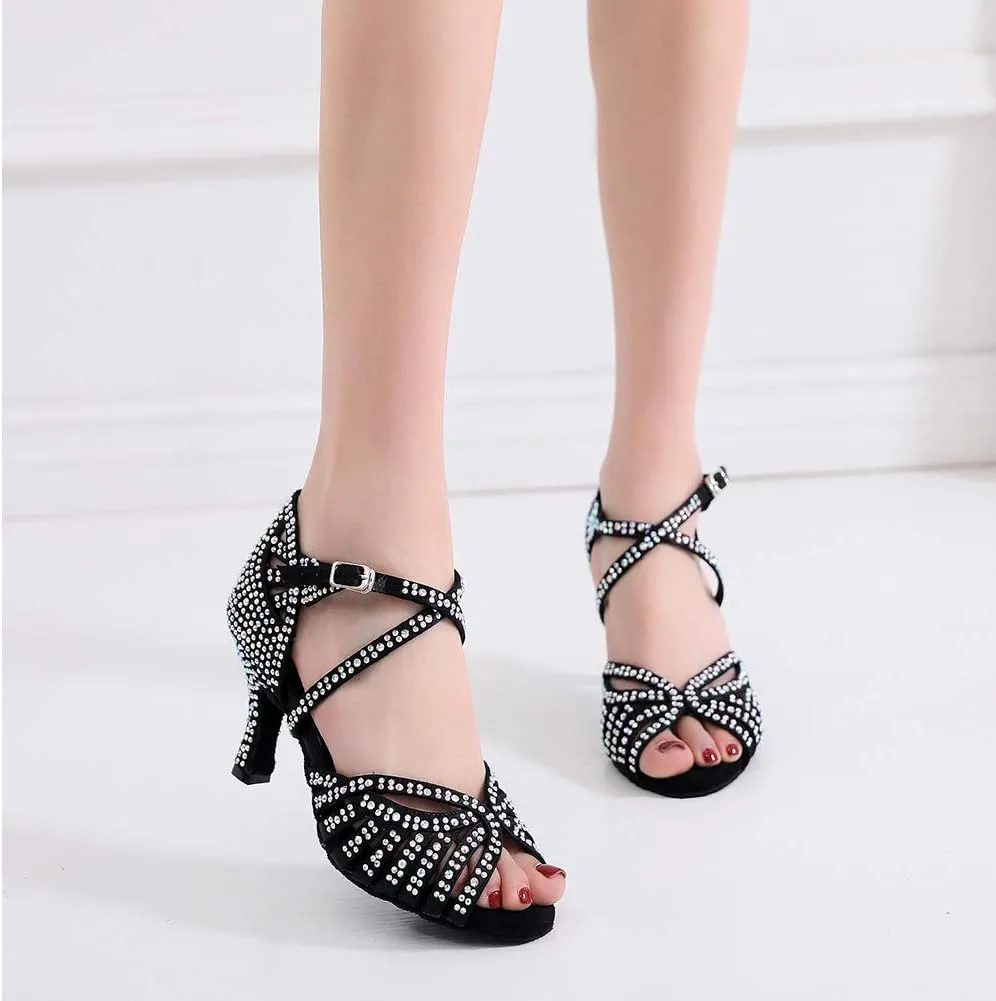 AOQUNFS Rhinestones Ballroom Dance Shoes Women Latin Salsa Practice Performance Dance Shoes,Model QJW7164