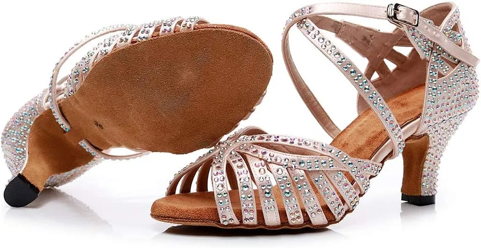 AOQUNFS Rhinestones Ballroom Dance Shoes Women Latin Salsa Practice Performance Dance Shoes,Model QJW7164