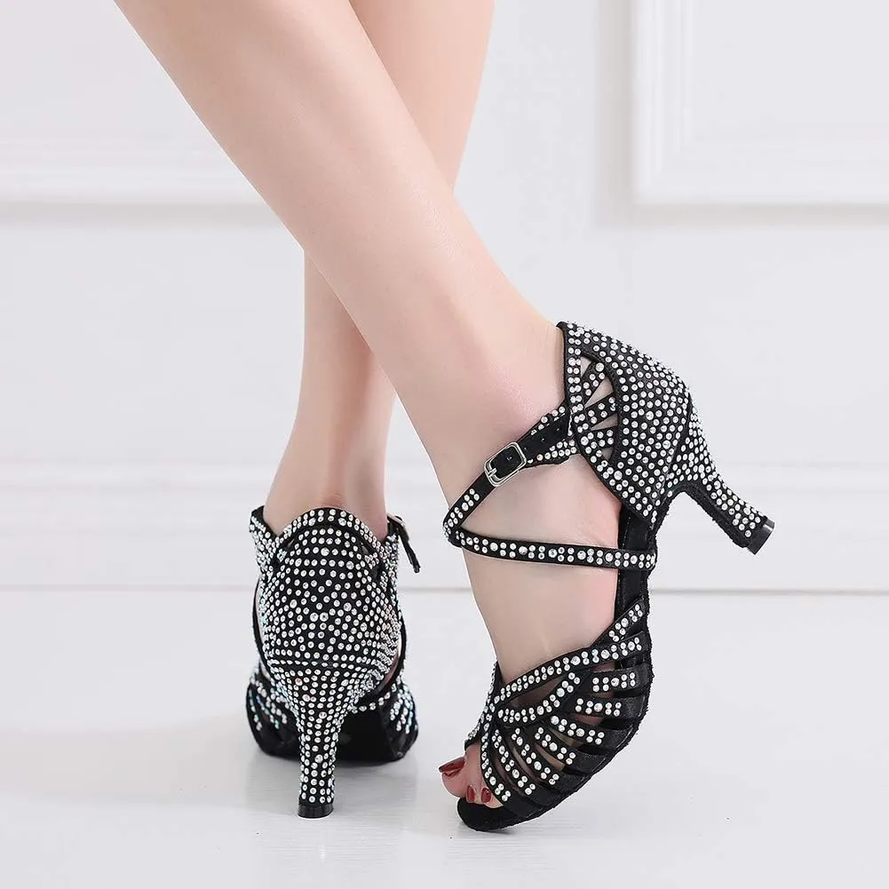 AOQUNFS Rhinestones Ballroom Dance Shoes Women Latin Salsa Practice Performance Dance Shoes,Model QJW7164