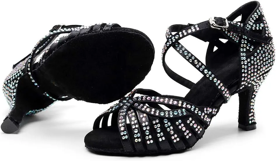 AOQUNFS Rhinestones Ballroom Dance Shoes Women Latin Salsa Practice Performance Dance Shoes,Model QJW7164