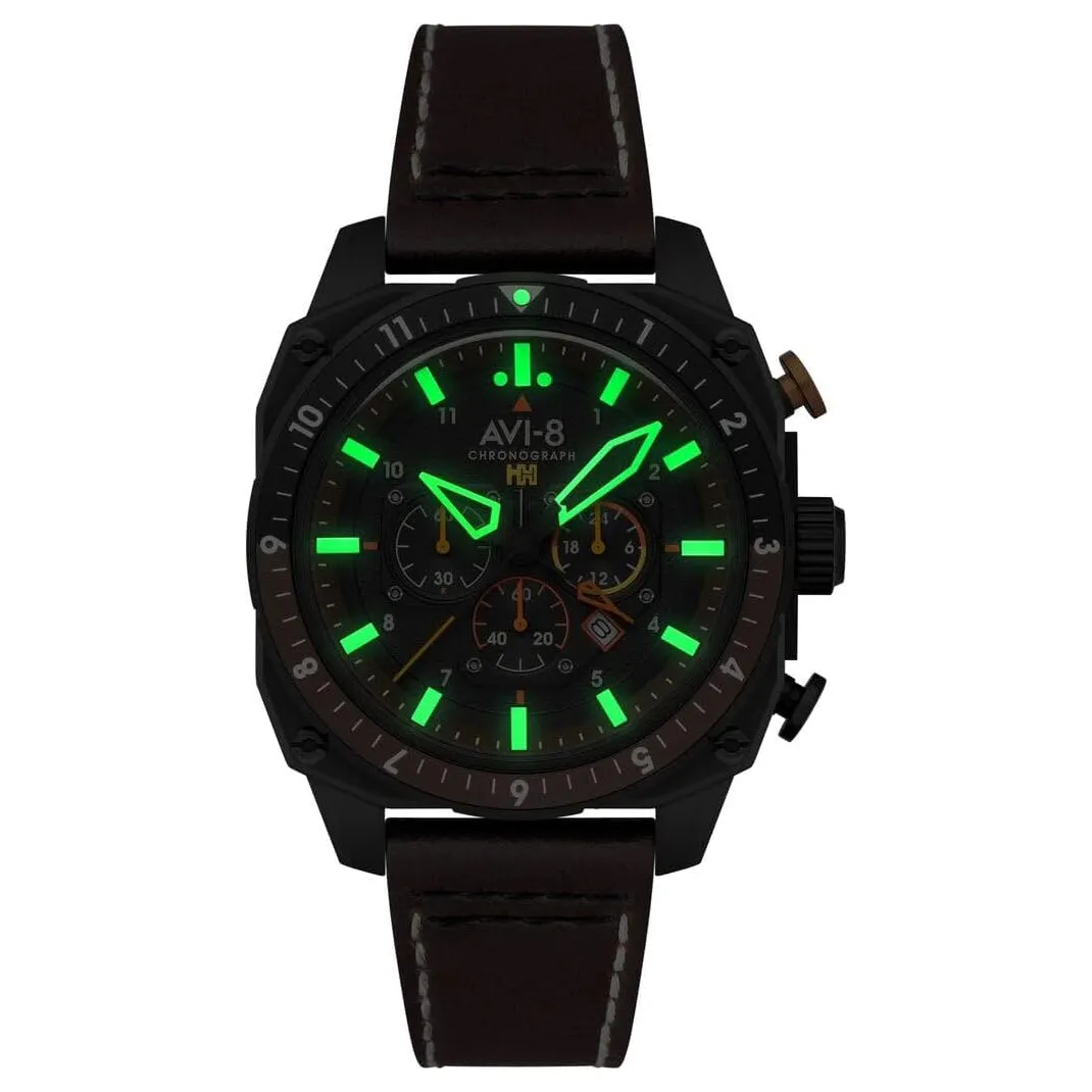 AVI-8 Unisex Black Dial Brown Leather Band Hawker Hunter Atlas Dual Time Chronograph Analog Japanese Quartz Watch - AV-4100-08