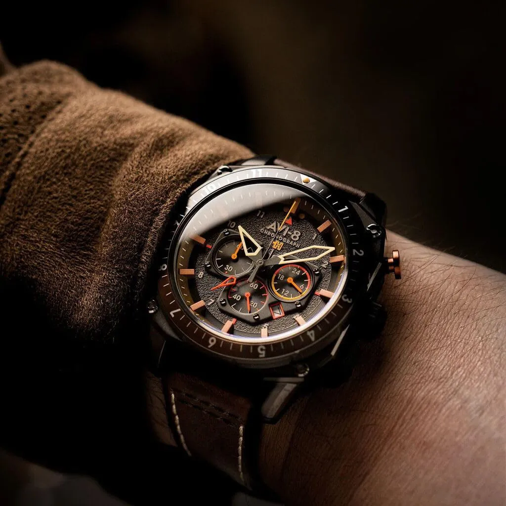 AVI-8 Unisex Black Dial Brown Leather Band Hawker Hunter Atlas Dual Time Chronograph Analog Japanese Quartz Watch - AV-4100-08