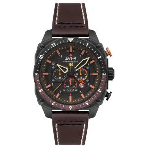 AVI-8 Unisex Black Dial Brown Leather Band Hawker Hunter Atlas Dual Time Chronograph Analog Japanese Quartz Watch - AV-4100-08