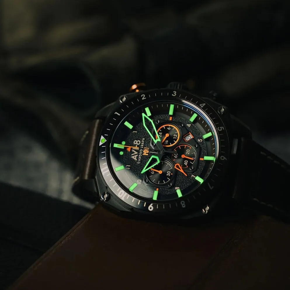 AVI-8 Unisex Black Dial Brown Leather Band Hawker Hunter Atlas Dual Time Chronograph Analog Japanese Quartz Watch - AV-4100-08