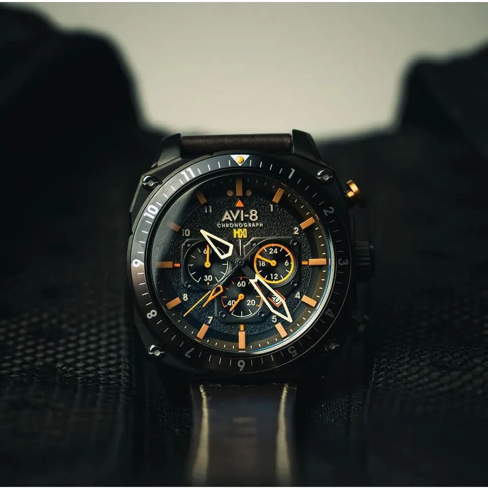 AVI-8 Unisex Black Dial Brown Leather Band Hawker Hunter Atlas Dual Time Chronograph Analog Japanese Quartz Watch - AV-4100-08