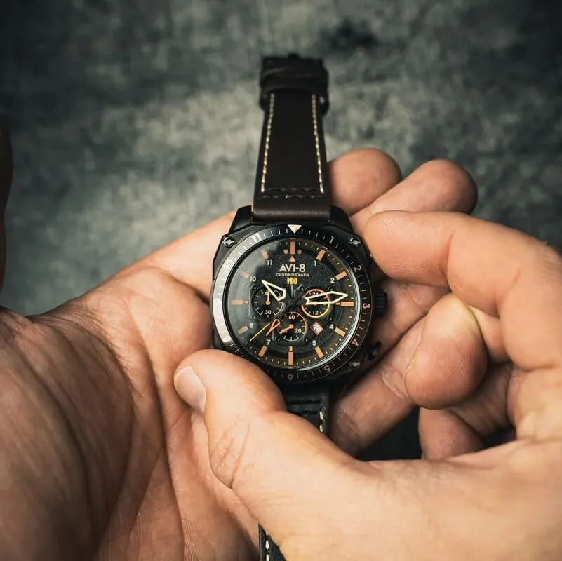 AVI-8 Unisex Black Dial Brown Leather Band Hawker Hunter Atlas Dual Time Chronograph Analog Japanese Quartz Watch - AV-4100-08