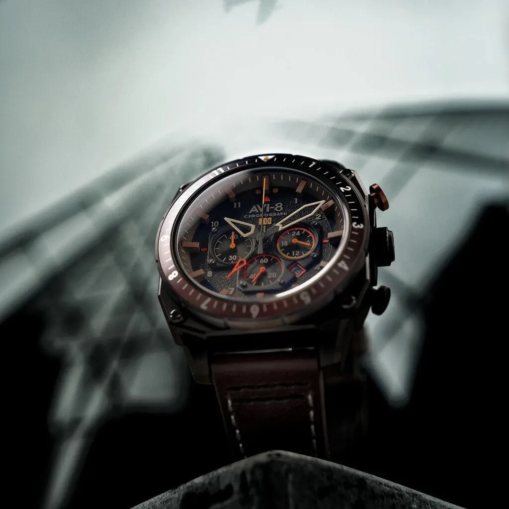 AVI-8 Unisex Black Dial Brown Leather Band Hawker Hunter Atlas Dual Time Chronograph Analog Japanese Quartz Watch - AV-4100-08