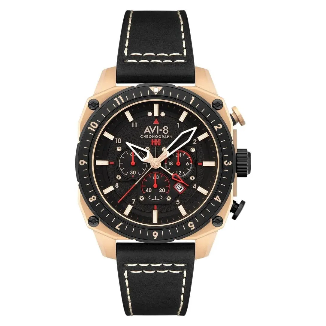 AVI-8 Unisex Black Dial Leather Band Hawker Hunter Atlas Dual Time Chronograph Analog Japanese Quartz Watch - AV-4100-06