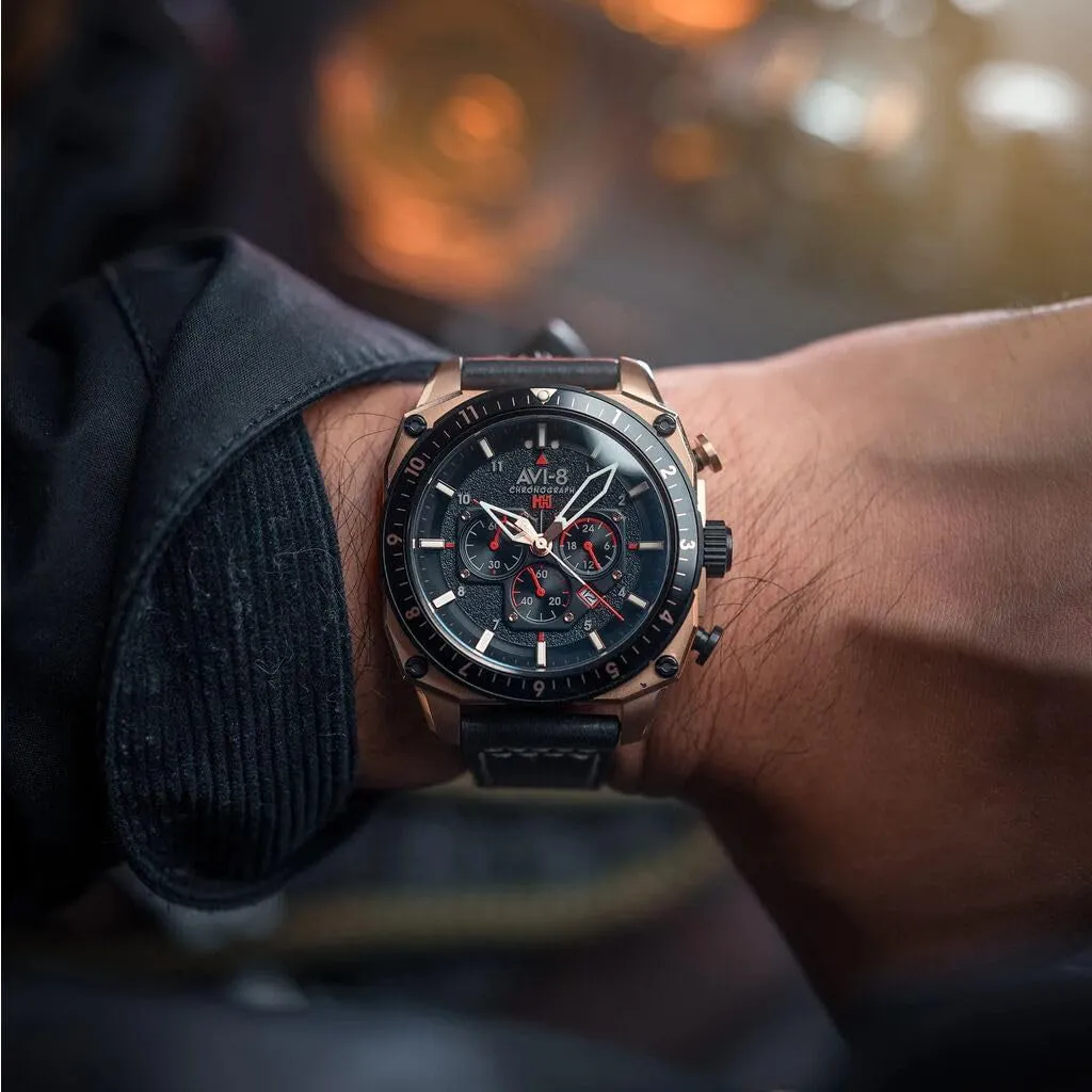 AVI-8 Unisex Black Dial Leather Band Hawker Hunter Atlas Dual Time Chronograph Analog Japanese Quartz Watch - AV-4100-06