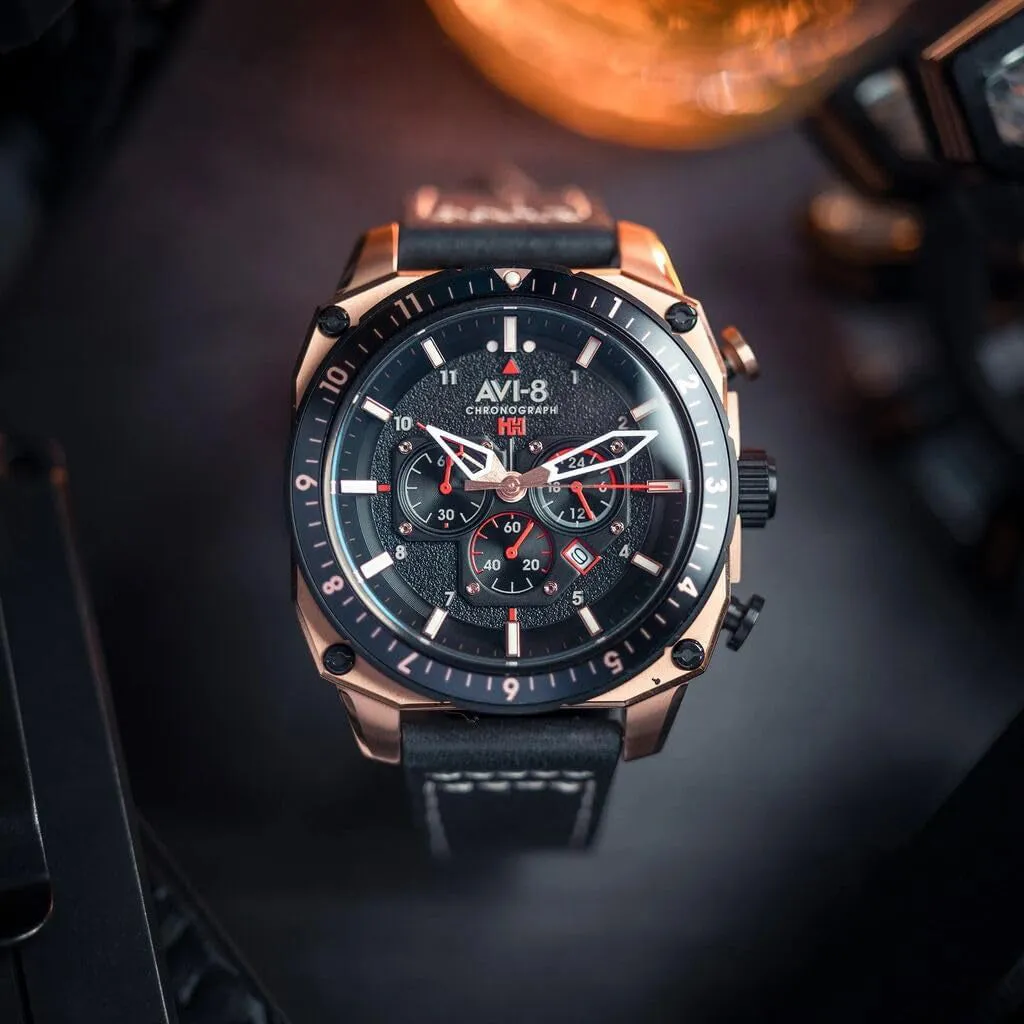 AVI-8 Unisex Black Dial Leather Band Hawker Hunter Atlas Dual Time Chronograph Analog Japanese Quartz Watch - AV-4100-06