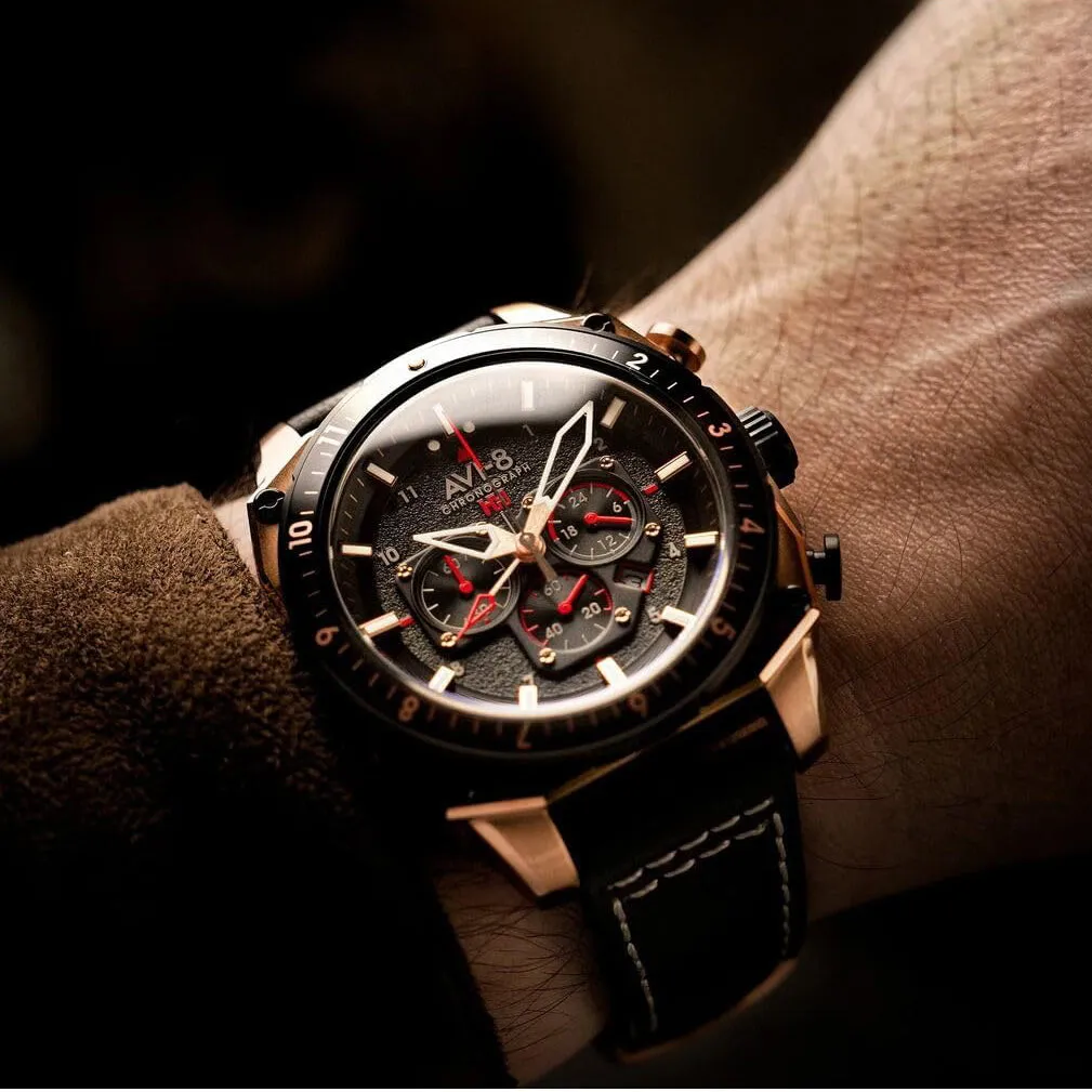 AVI-8 Unisex Black Dial Leather Band Hawker Hunter Atlas Dual Time Chronograph Analog Japanese Quartz Watch - AV-4100-06