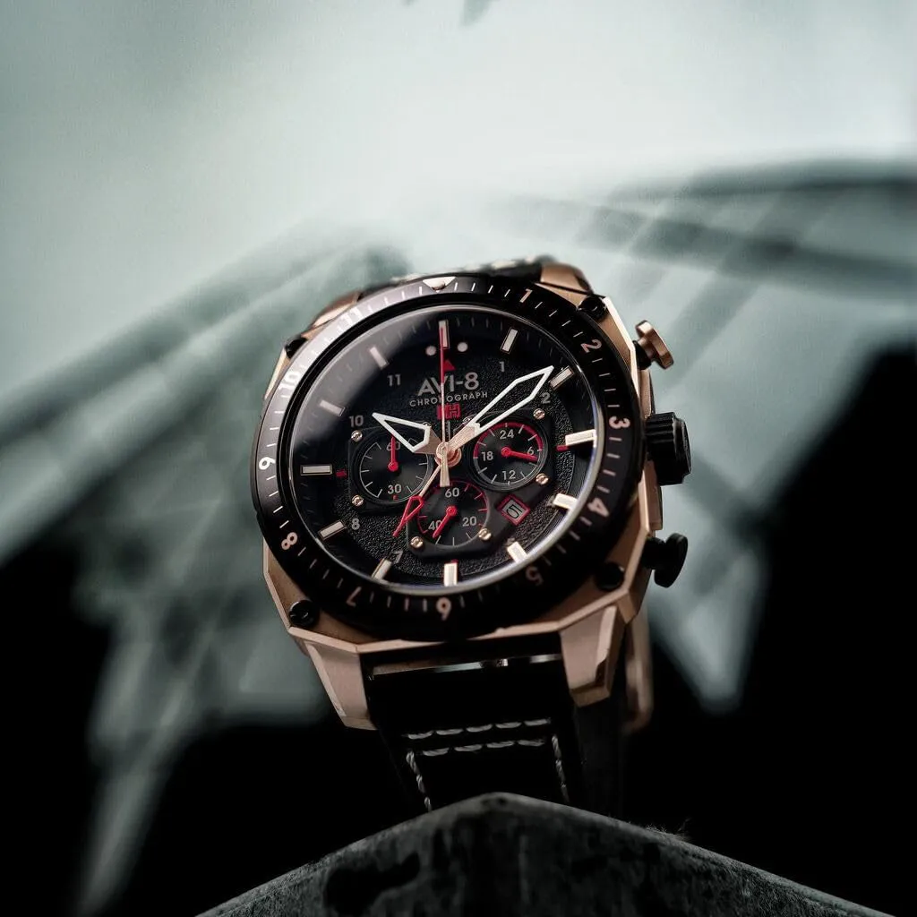 AVI-8 Unisex Black Dial Leather Band Hawker Hunter Atlas Dual Time Chronograph Analog Japanese Quartz Watch - AV-4100-06