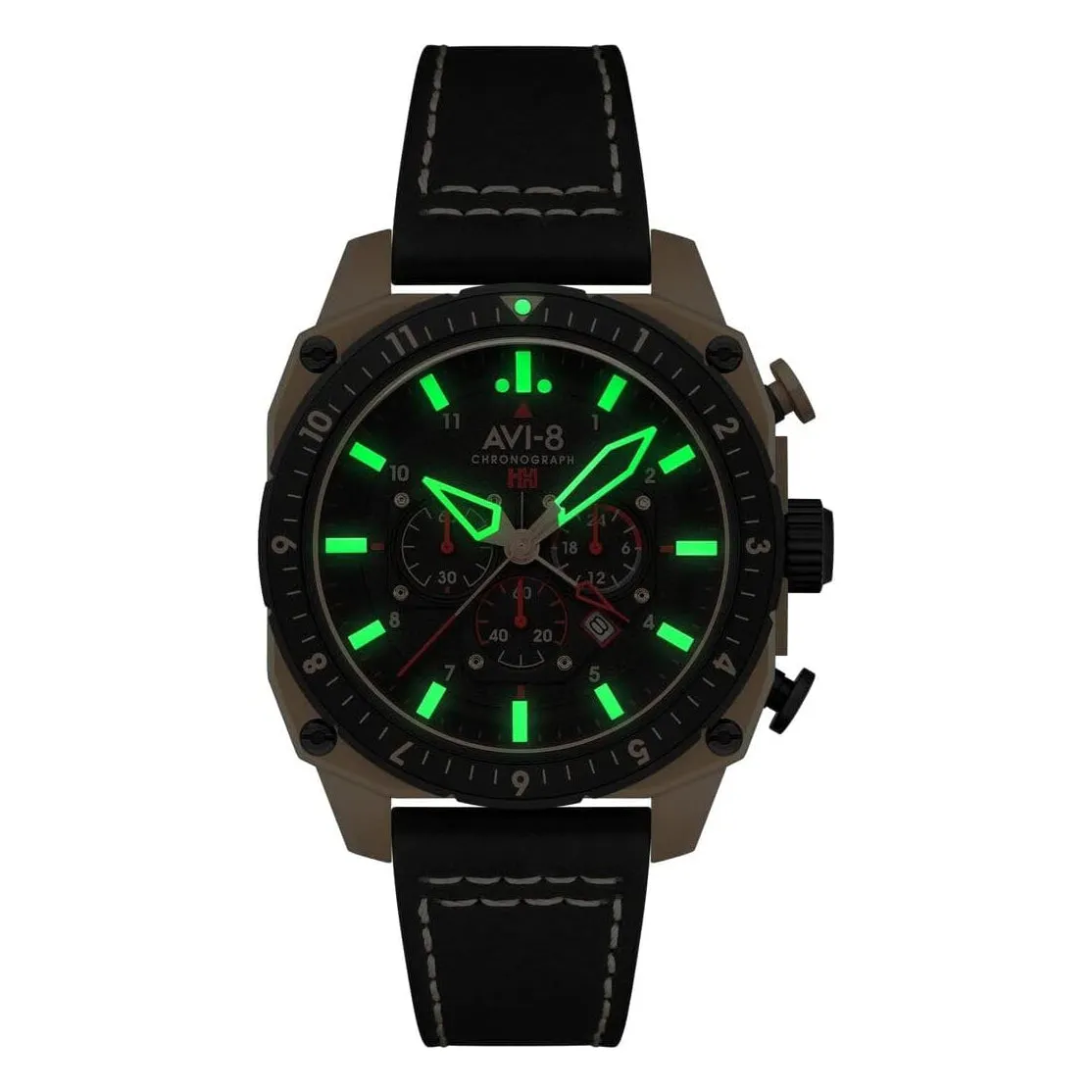 AVI-8 Unisex Black Dial Leather Band Hawker Hunter Atlas Dual Time Chronograph Analog Japanese Quartz Watch - AV-4100-06
