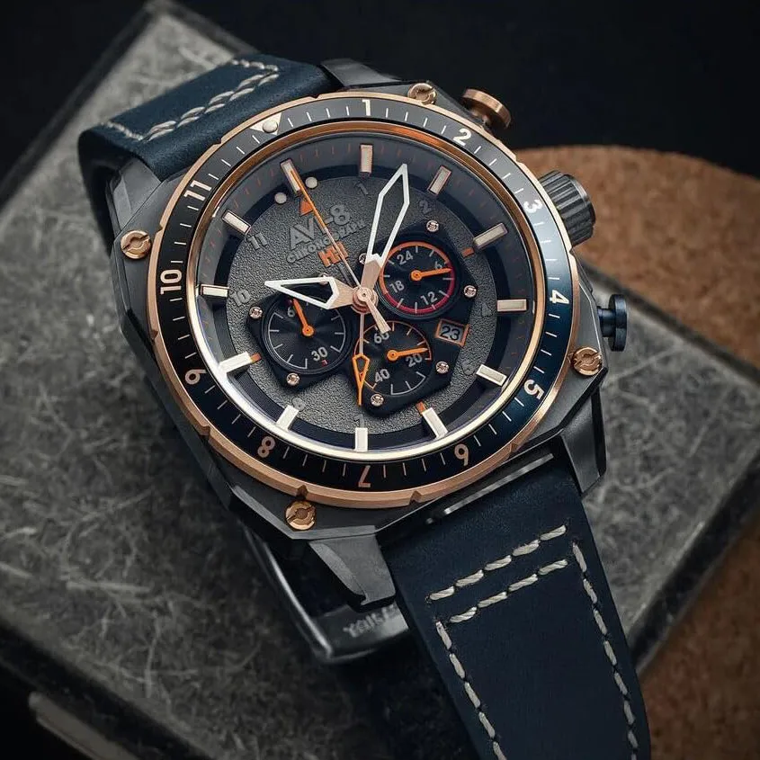 AVI-8 Unisex Grey Dial Blue Leather Band Hawker Hunter Atlas Dual Time Chronograph Analog Japanese Quartz Watch - AV-4100-07
