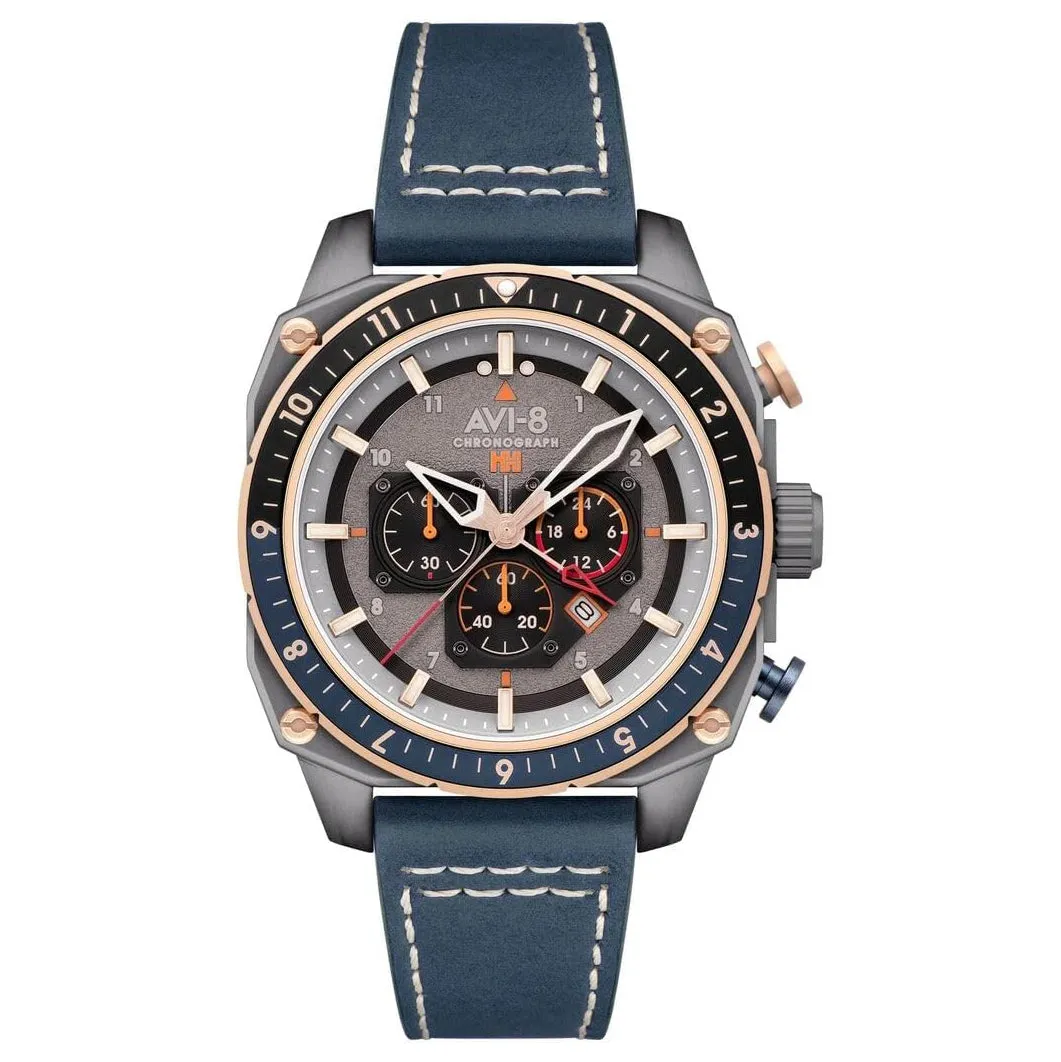 AVI-8 Unisex Grey Dial Blue Leather Band Hawker Hunter Atlas Dual Time Chronograph Analog Japanese Quartz Watch - AV-4100-07