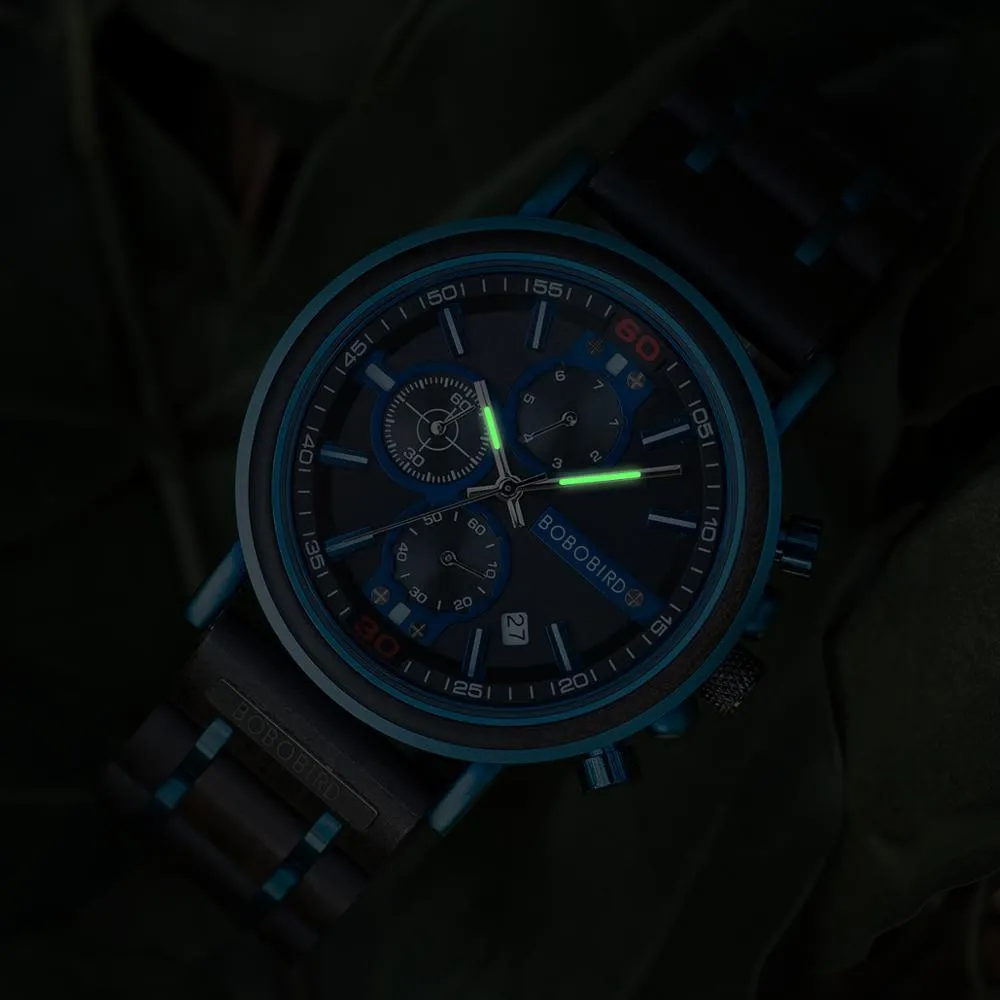 Blue Wooden Chronograph Watch