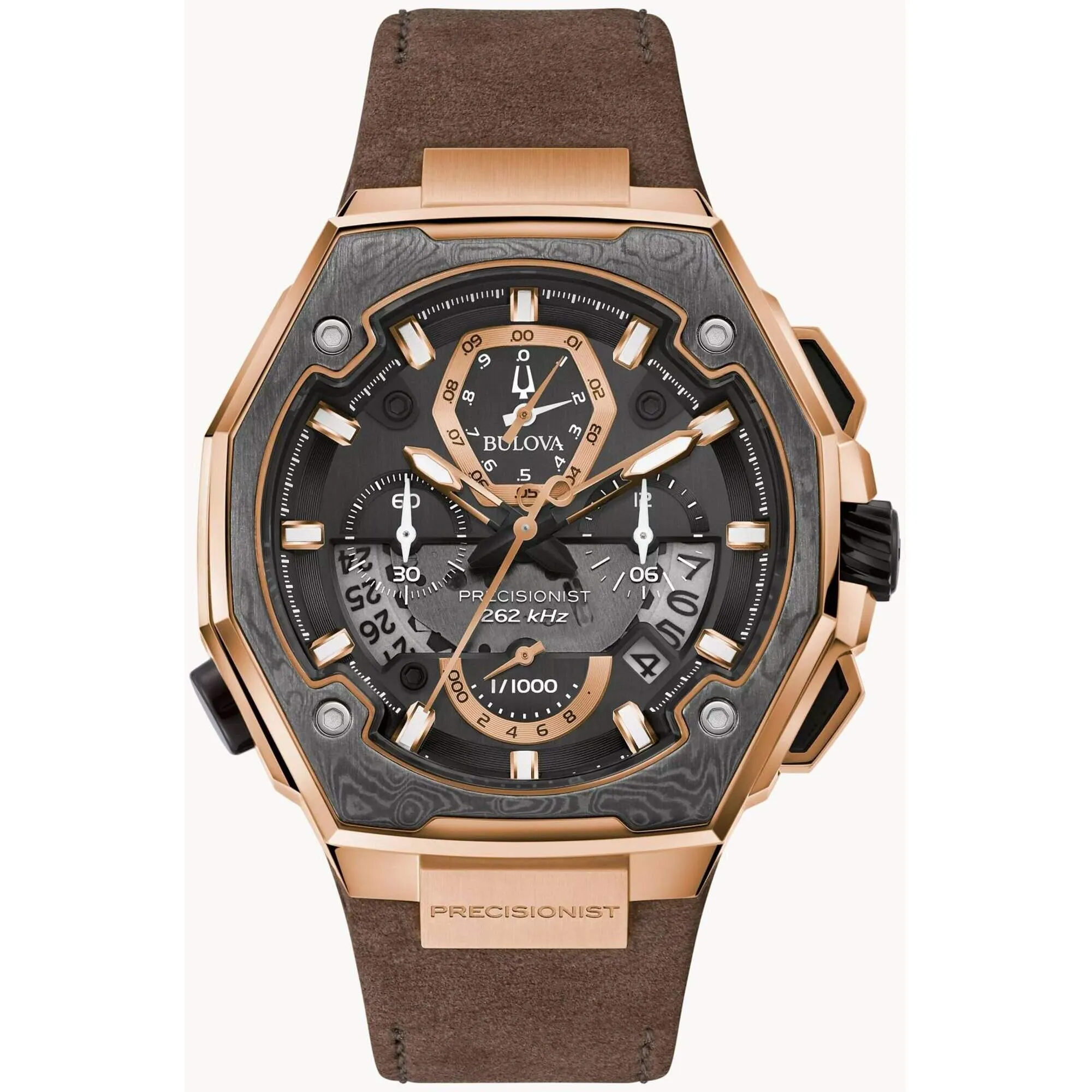 Bulova Men's Watch - Precisionist X Chronograph Grey and Rose Gold Dial Strap | 98B356