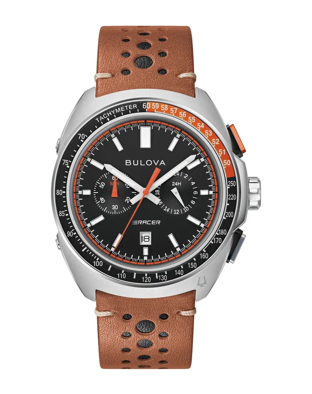 Bulova Racer Series Chronograph Stainless Steel Watch with Brown Leather Band Model 98B427