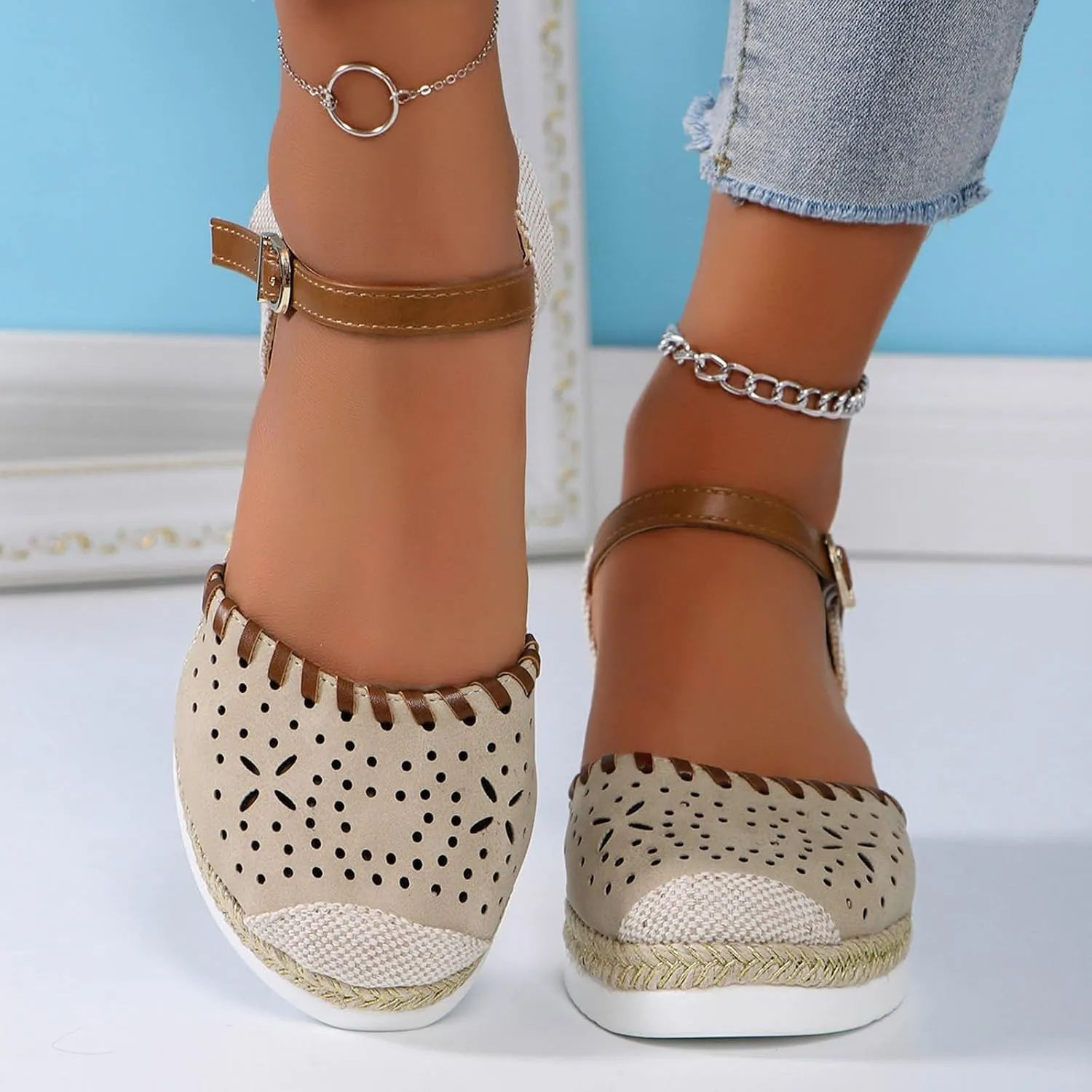 Closed Toe Sandals Women Arch Support Orthopedic Platform Wedge Buckle Ankle Strap Anti Slip Walking Sandal Boho Elegant Dressy Summer Anti-Slip Wedges Hollow Out Comfy Bohemia Outdoor Shoes