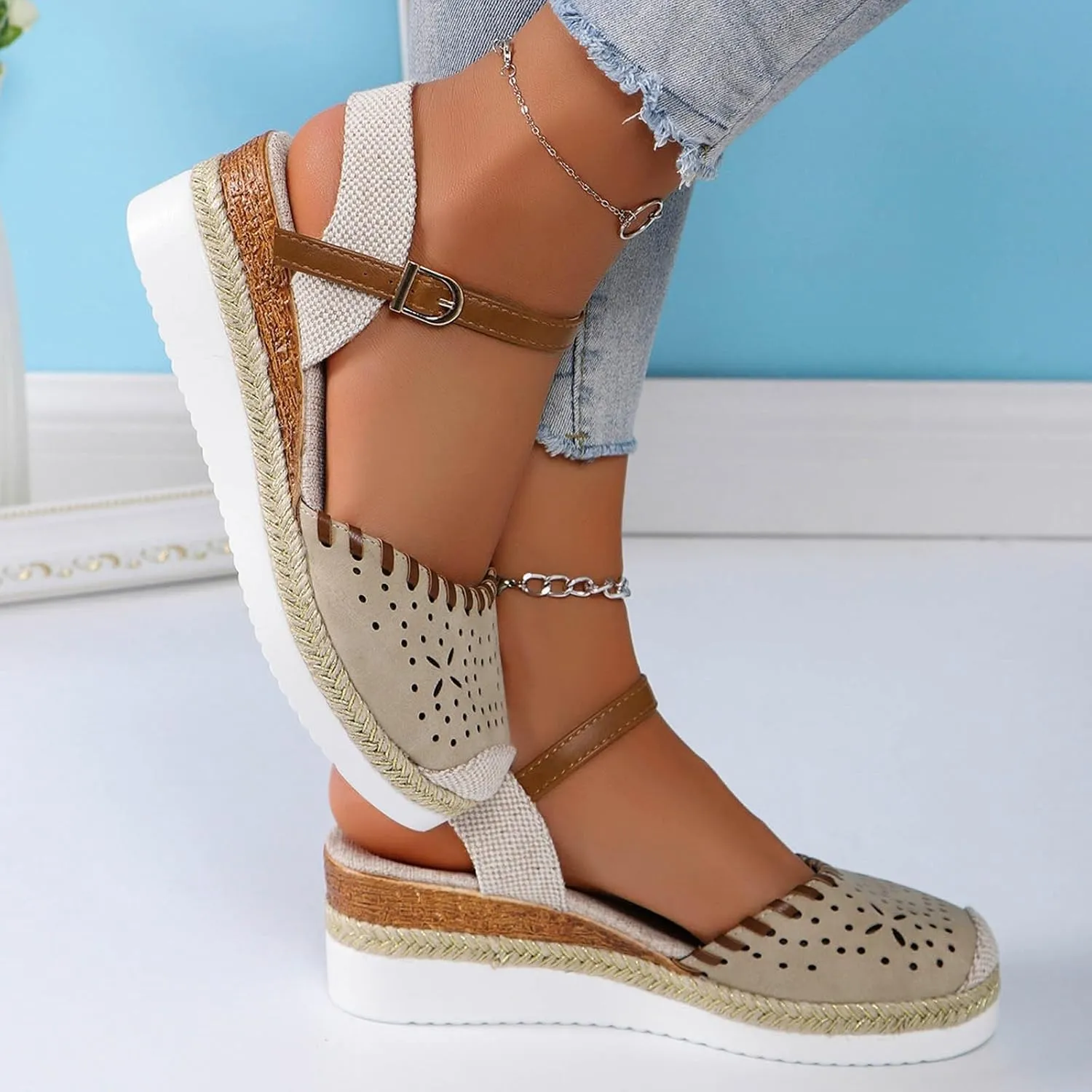 Closed Toe Sandals Women Arch Support Orthopedic Platform Wedge Buckle Ankle Strap Anti Slip Walking Sandal Boho Elegant Dressy Summer Anti-Slip Wedges Hollow Out Comfy Bohemia Outdoor Shoes