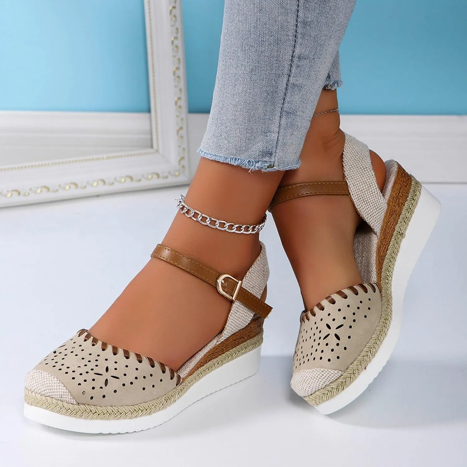 Closed Toe Sandals Women Arch Support Orthopedic Platform Wedge Buckle Ankle Strap Anti Slip Walking Sandal Boho Elegant Dressy Summer Anti-Slip Wedges Hollow Out Comfy Bohemia Outdoor Shoes