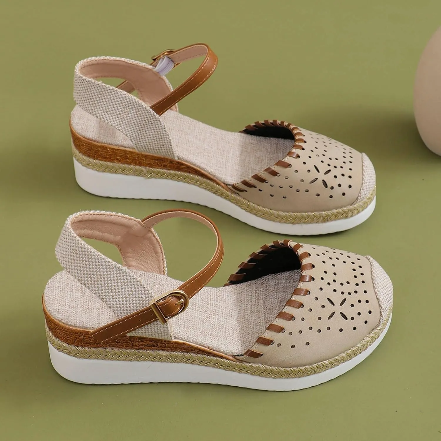 Closed Toe Sandals Women Arch Support Orthopedic Platform Wedge Buckle Ankle Strap Anti Slip Walking Sandal Boho Elegant Dressy Summer Anti-Slip Wedges Hollow Out Comfy Bohemia Outdoor Shoes