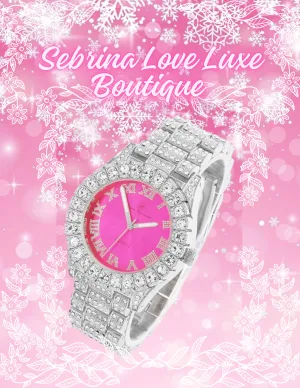Elegant Silver & Hot Pink Diamante Crystal Bling Watch