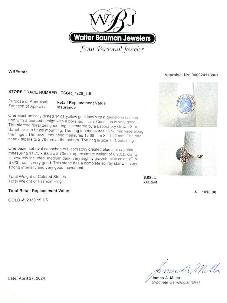 Estate 14K Y Gold 6.98ct Lab-Created Star Sapphire Cocktail Ring