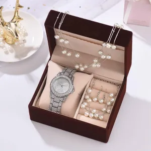 Fashion Creative Diamond Full Diamond Round Watch Pearl Bracelet Earring Necklace Fashion Creative Diamond Full Diamond Round Watch Pearl Bracelet Earring Necklace