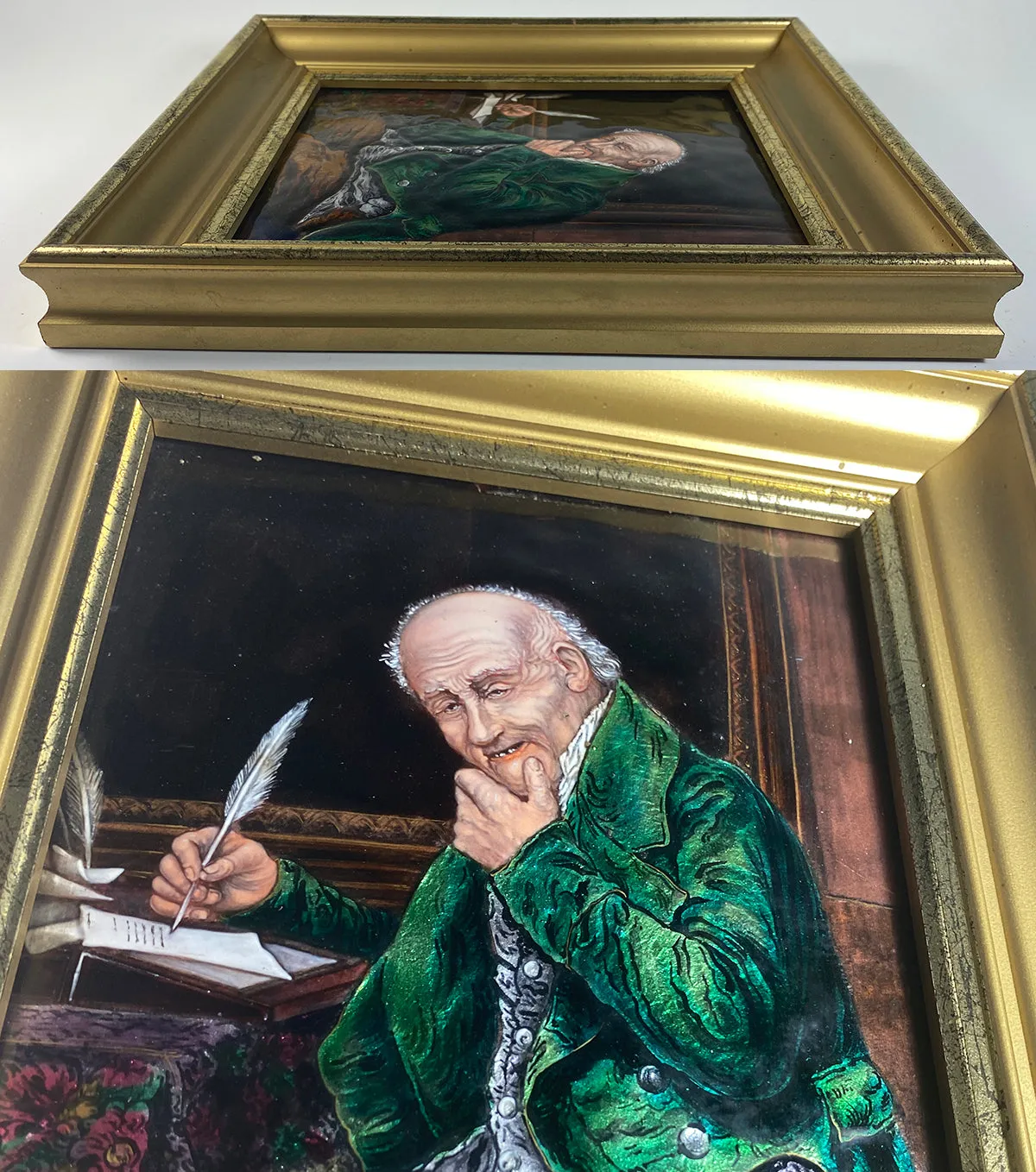Fine Antique French Limoges Kiln-fired Enamel Portrait of a Scribe, Accountant, or Businessman at Desk, in Frame
