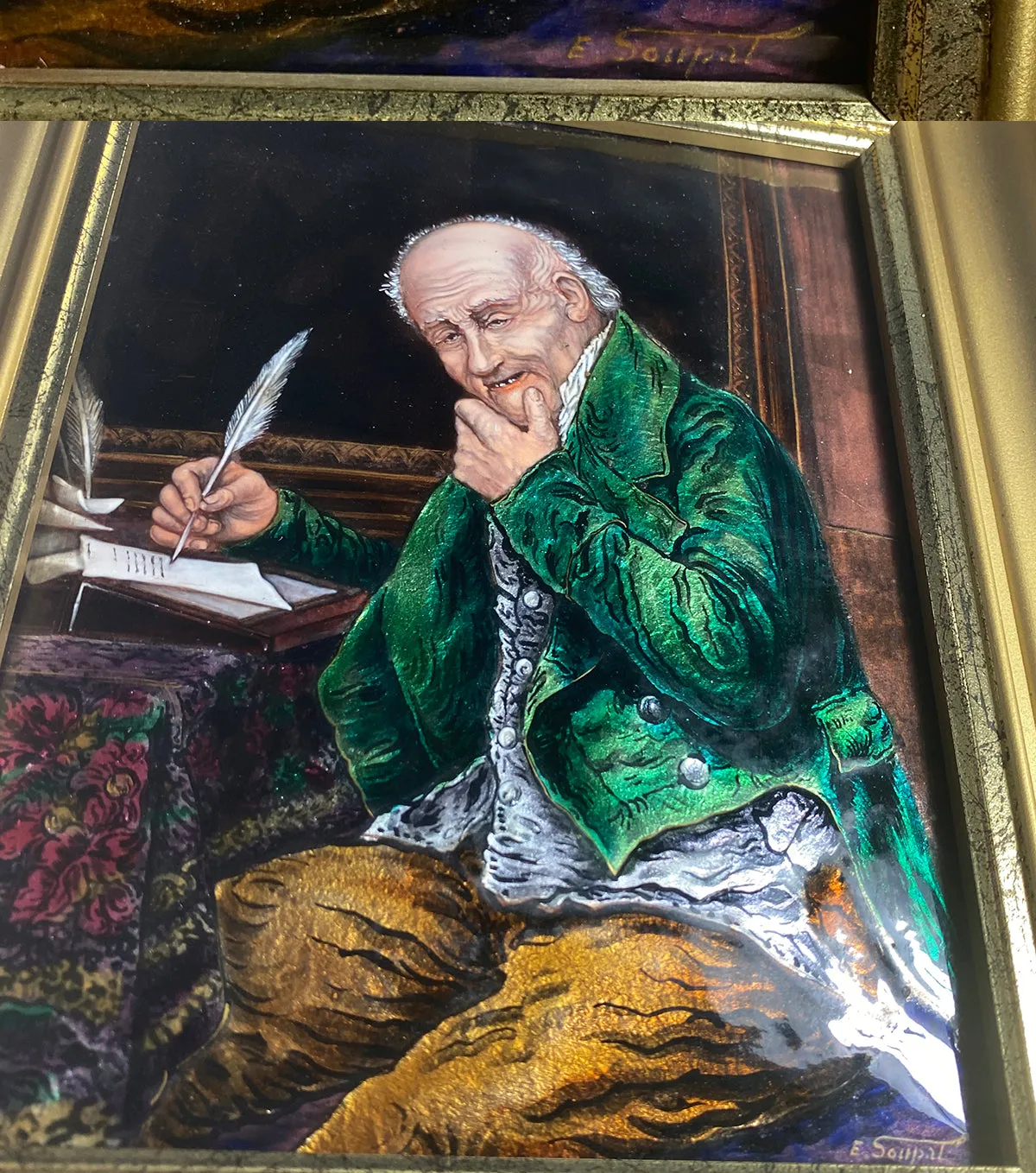 Fine Antique French Limoges Kiln-fired Enamel Portrait of a Scribe, Accountant, or Businessman at Desk, in Frame