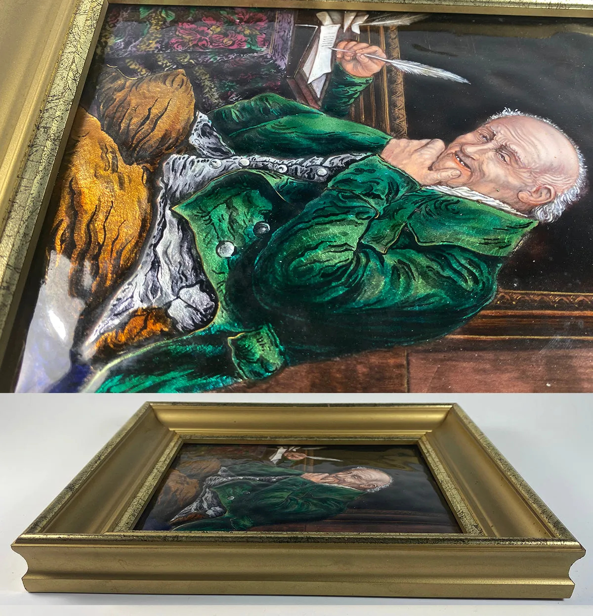 Fine Antique French Limoges Kiln-fired Enamel Portrait of a Scribe, Accountant, or Businessman at Desk, in Frame
