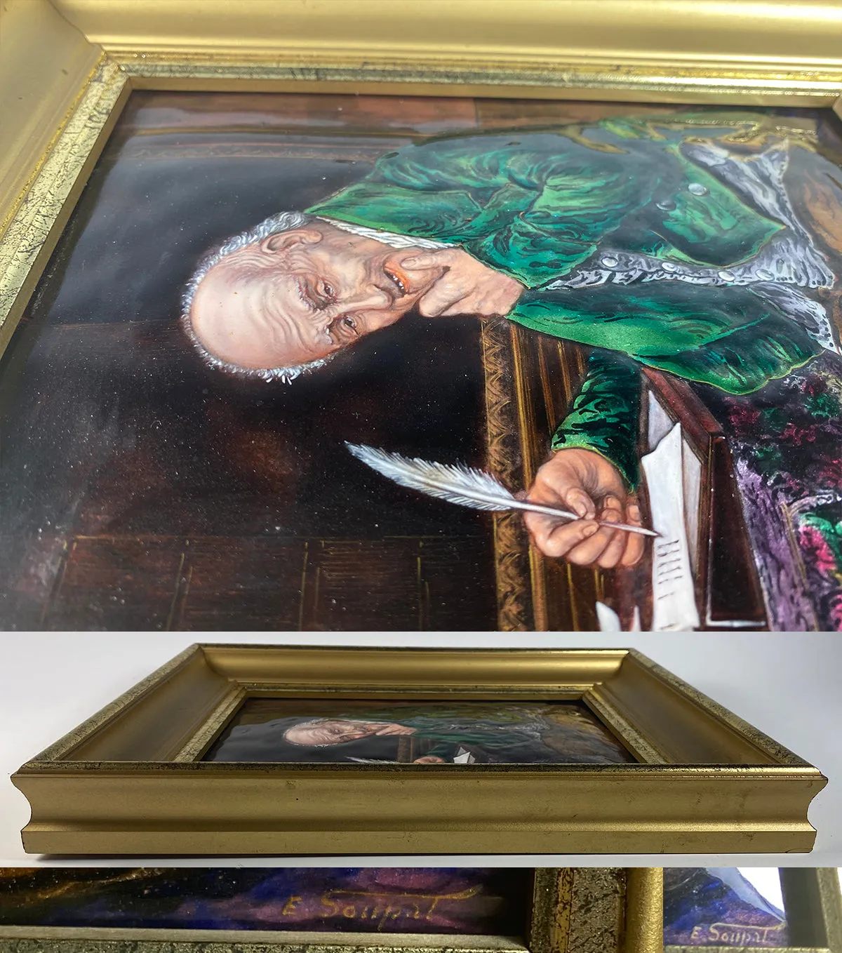 Fine Antique French Limoges Kiln-fired Enamel Portrait of a Scribe, Accountant, or Businessman at Desk, in Frame