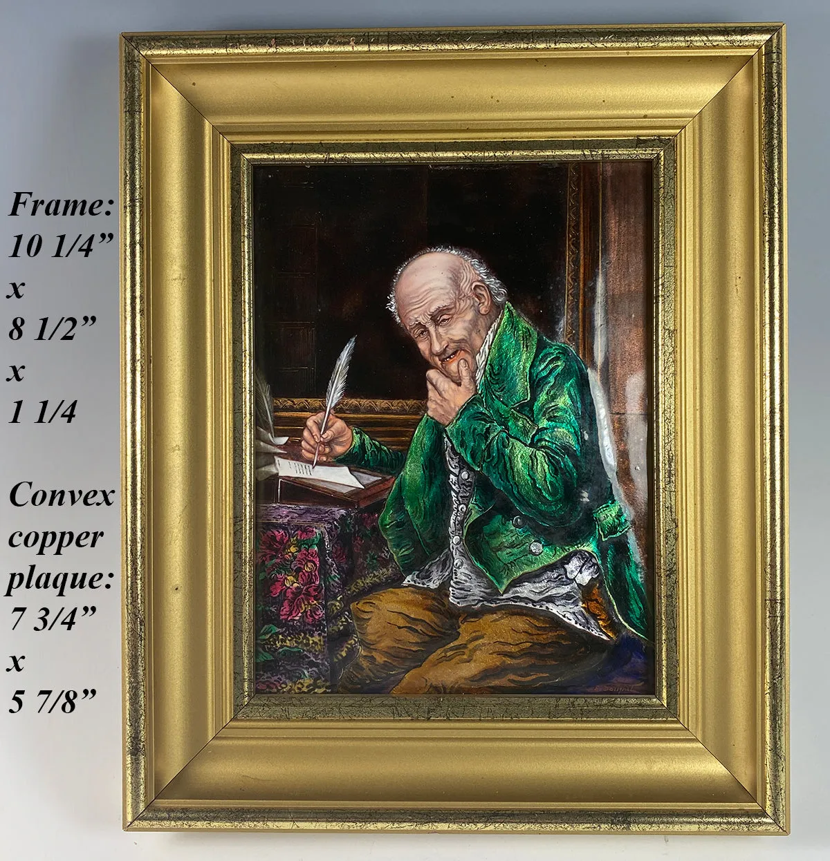 Fine Antique French Limoges Kiln-fired Enamel Portrait of a Scribe, Accountant, or Businessman at Desk, in Frame