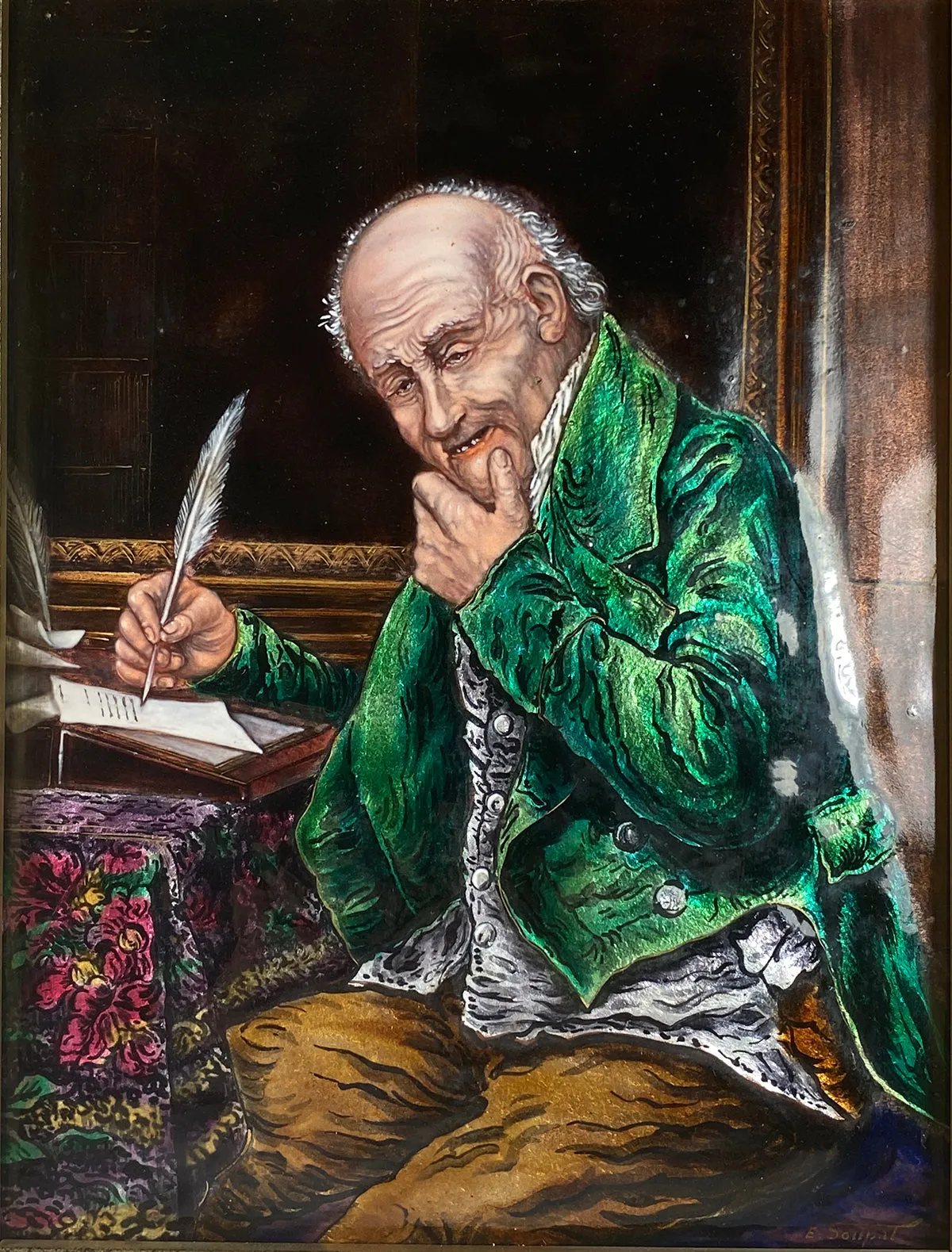 Fine Antique French Limoges Kiln-fired Enamel Portrait of a Scribe, Accountant, or Businessman at Desk, in Frame