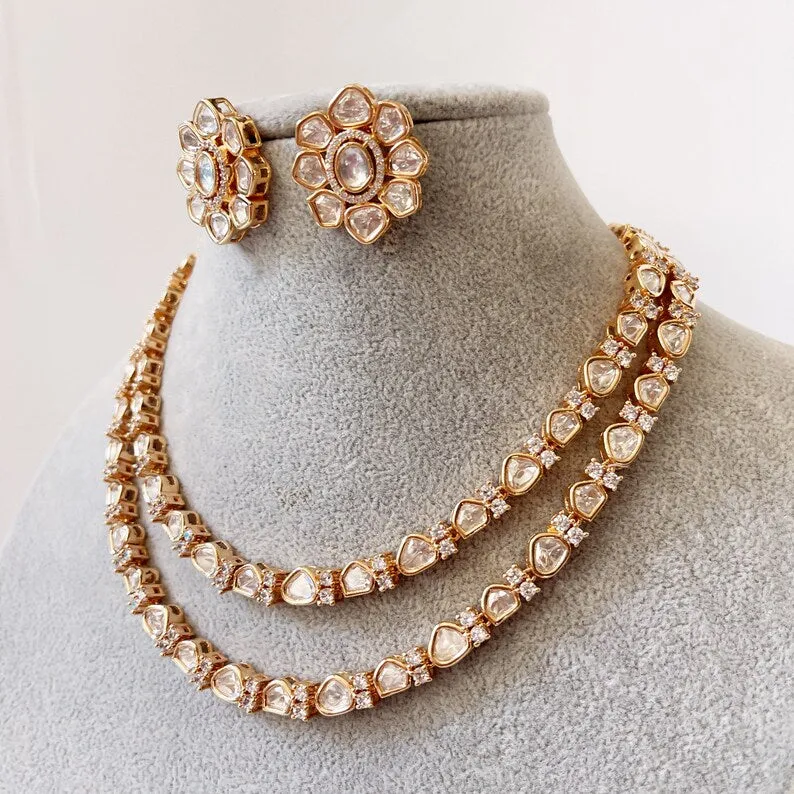 Fine Polki Kundan AD Necklace Rose Gold Finish