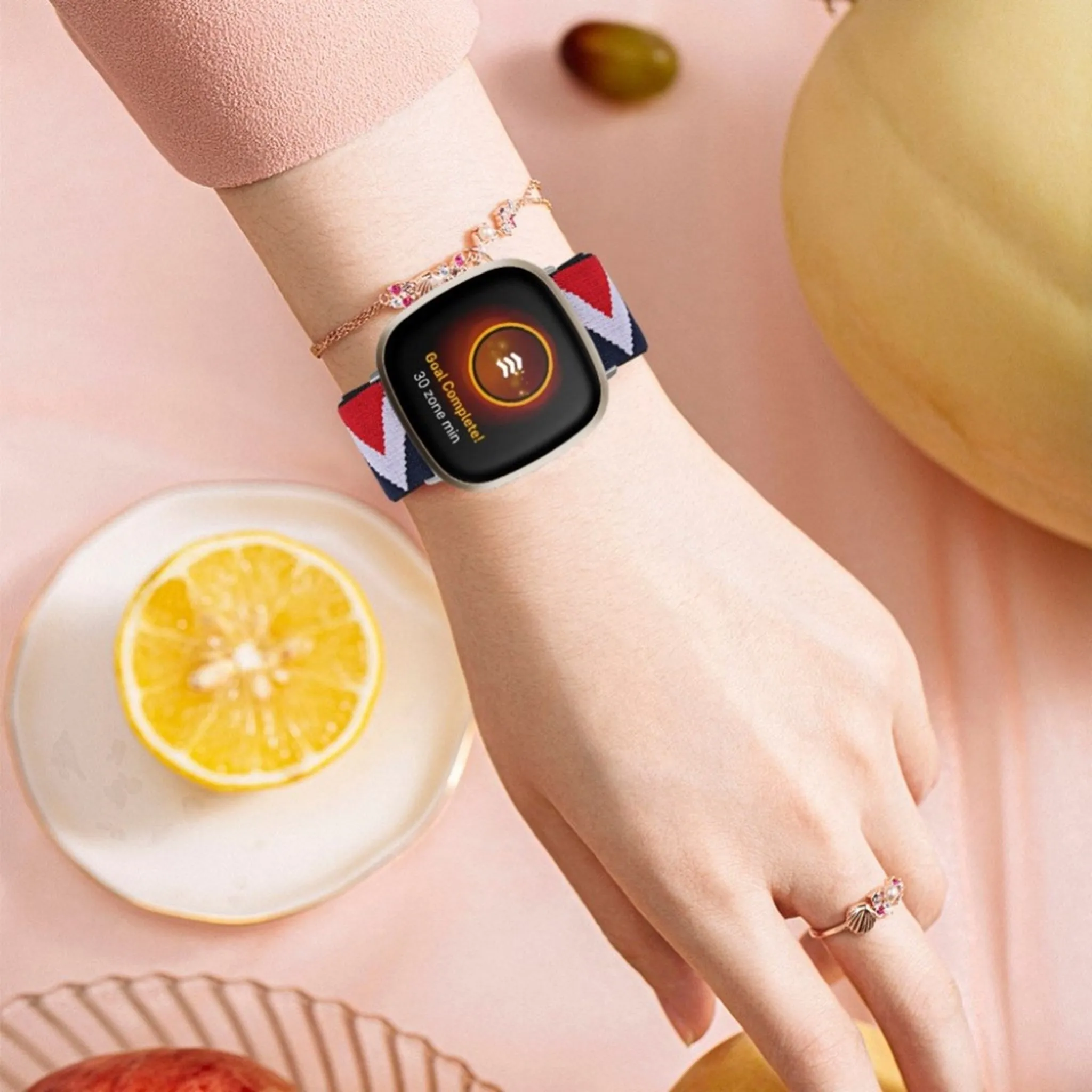 Fitbit Sense / Versa 3 nylon patterned watch band - Blue / White / Red Zig-zag