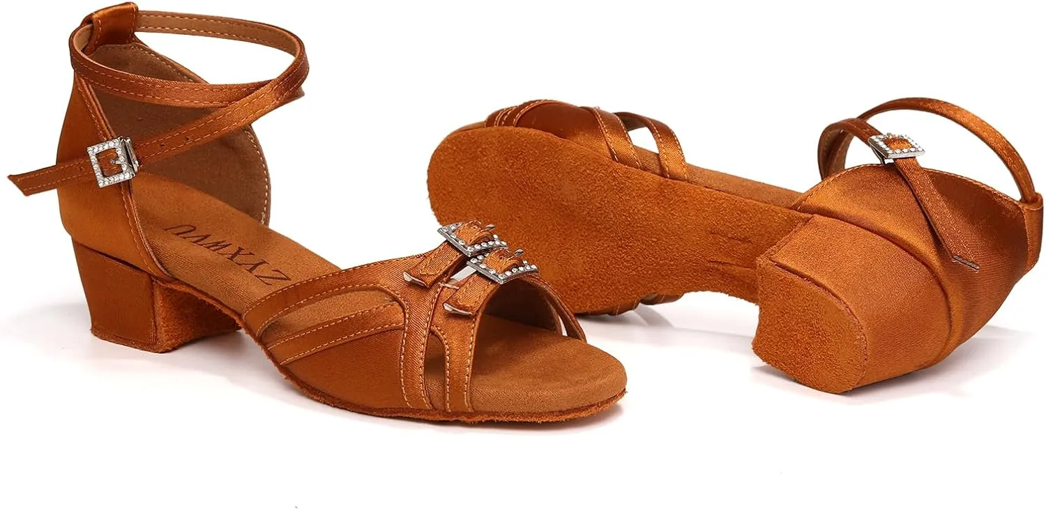 Girls Latin Dance Shoes Low Heels Satin Ballroom Salsa Tango Professional Practice Dance Shoes