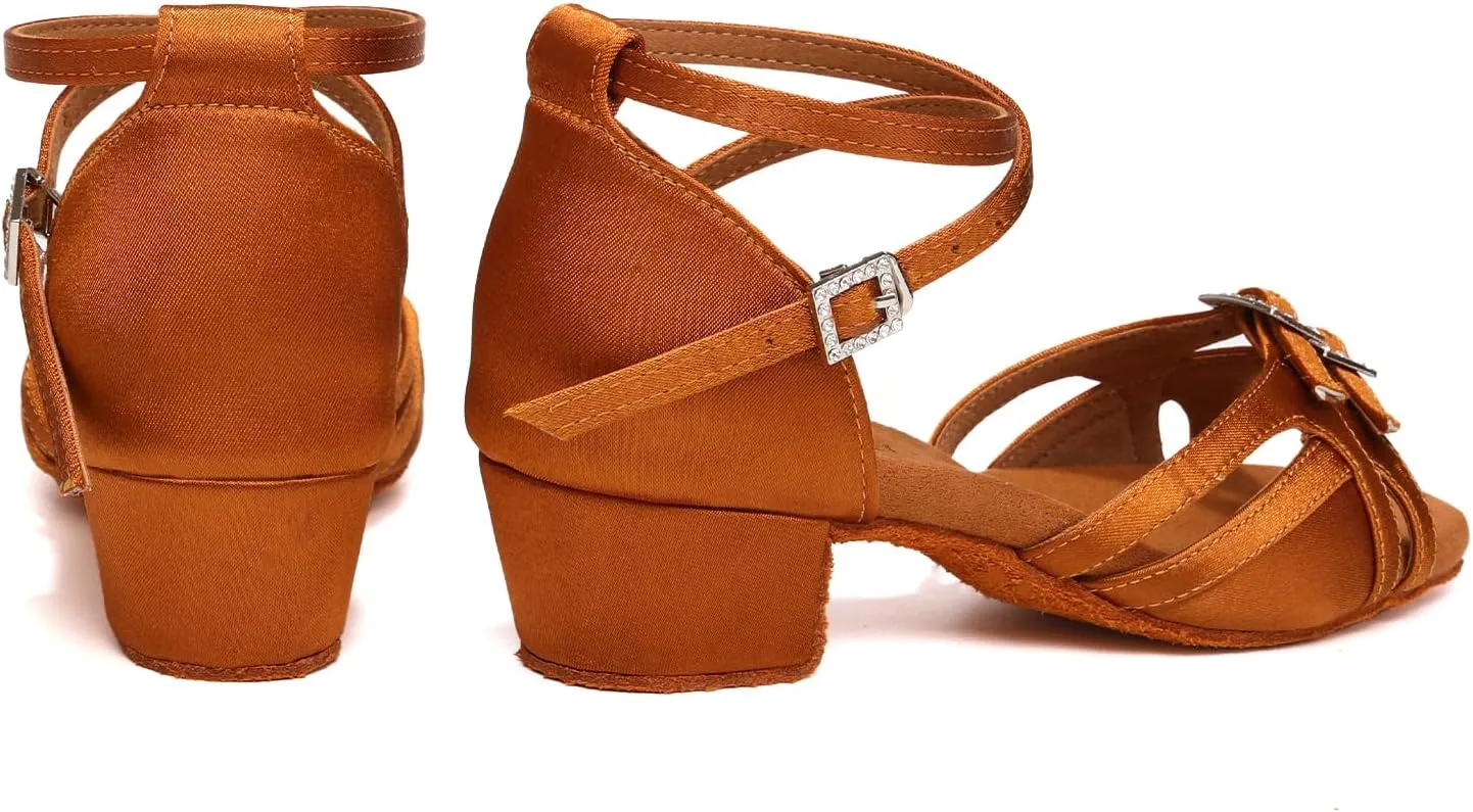 Girls Latin Dance Shoes Low Heels Satin Ballroom Salsa Tango Professional Practice Dance Shoes
