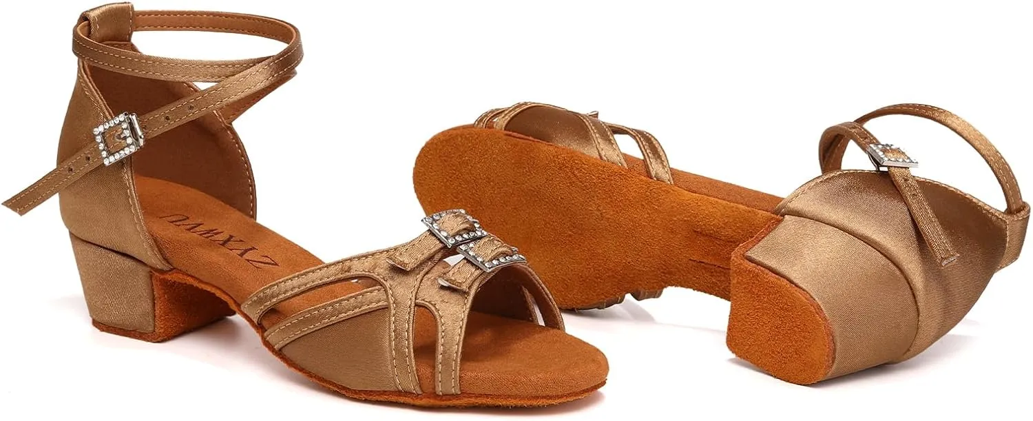 Girls Latin Dance Shoes Low Heels Satin Ballroom Salsa Tango Professional Practice Dance Shoes