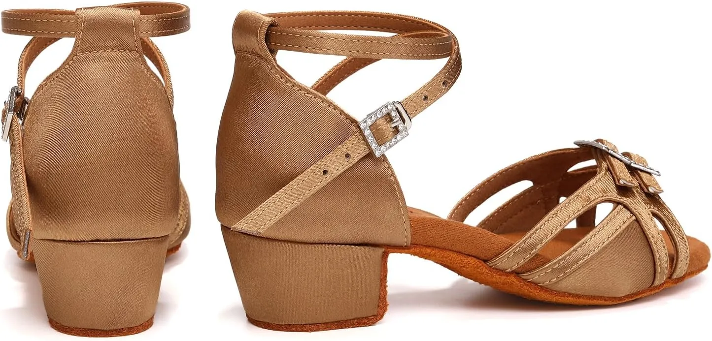Girls Latin Dance Shoes Low Heels Satin Ballroom Salsa Tango Professional Practice Dance Shoes