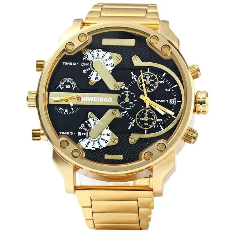Golden Steel Quartz Dual Time Zone Watch