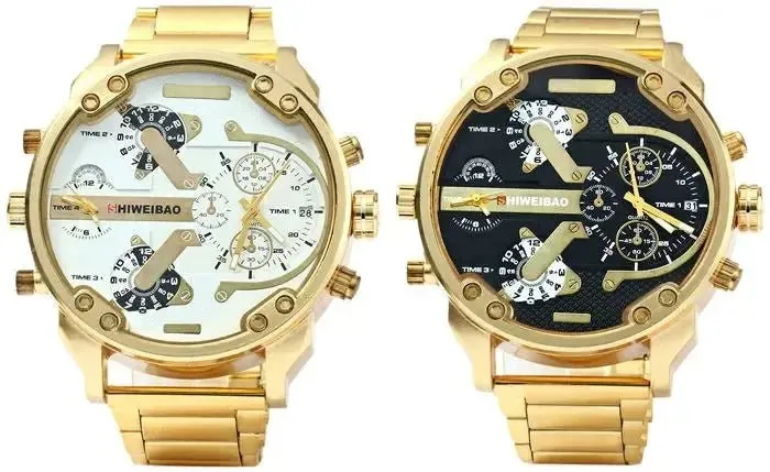 Golden Steel Quartz Dual Time Zone Watch